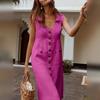 Summer Women Lapel V Neck Shirt Dress Sleeveless Single Breasted Pockets Solid Color Midi Dress Streetwear