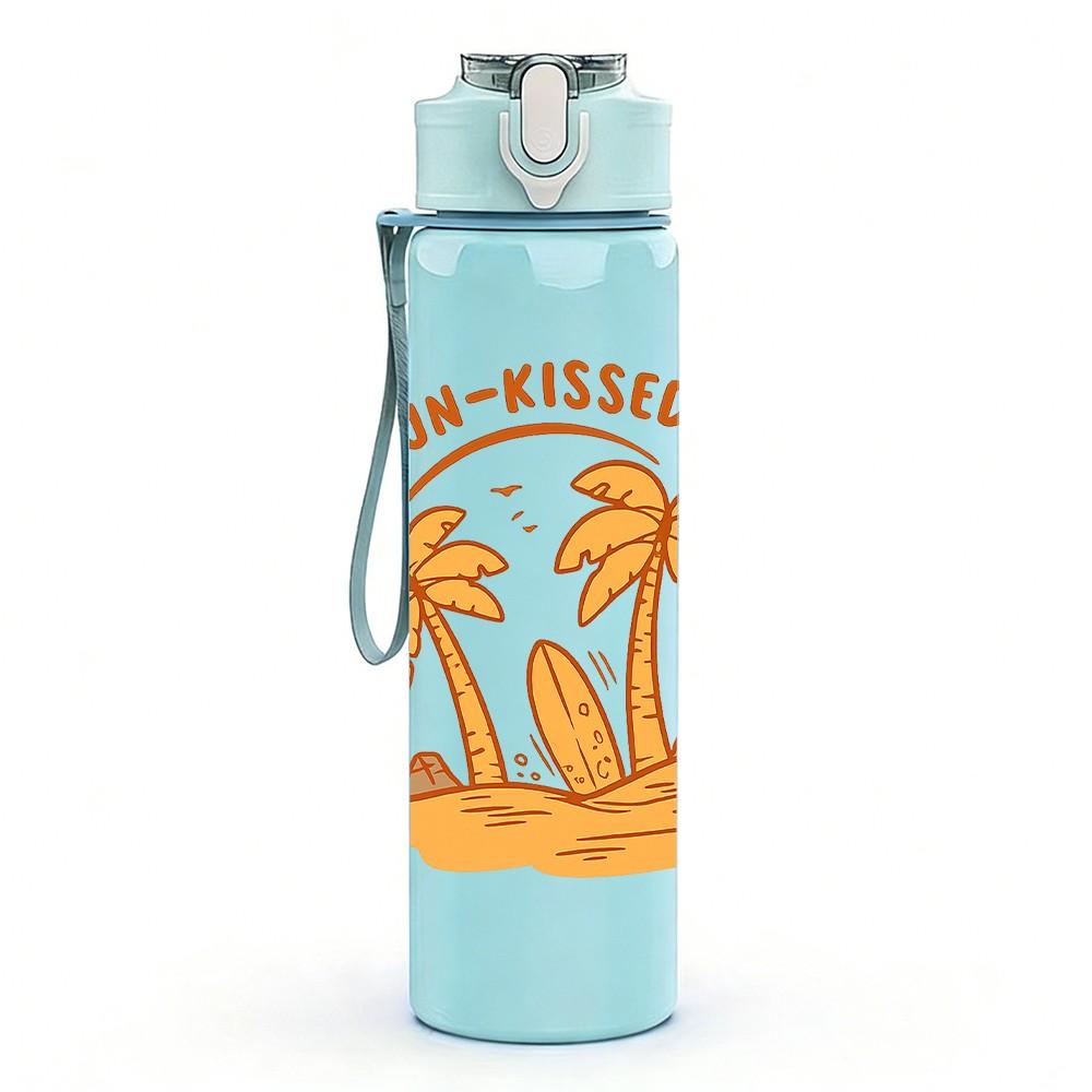 1PC Sun Kissed Palm Tree Summer Beach Print 750ml Color Plastic Sports Water Bottle Leakproof Flip Straw Lid Suitable for Sports Office Home Use