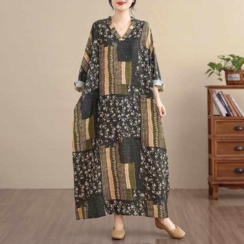DIMANAF New 2026 Women Long Dress Plus Size Spring Summer Loose Basic Vintage Oversize Long Sleeve Maxi Floral