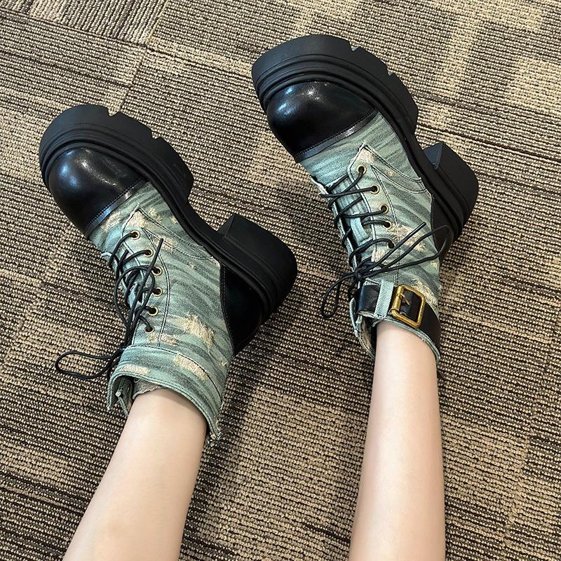 Martin Boots Women's Autumn and Winter New Old Thick-soled Denim Locomotive Breathable Thin Tooling Short Boots