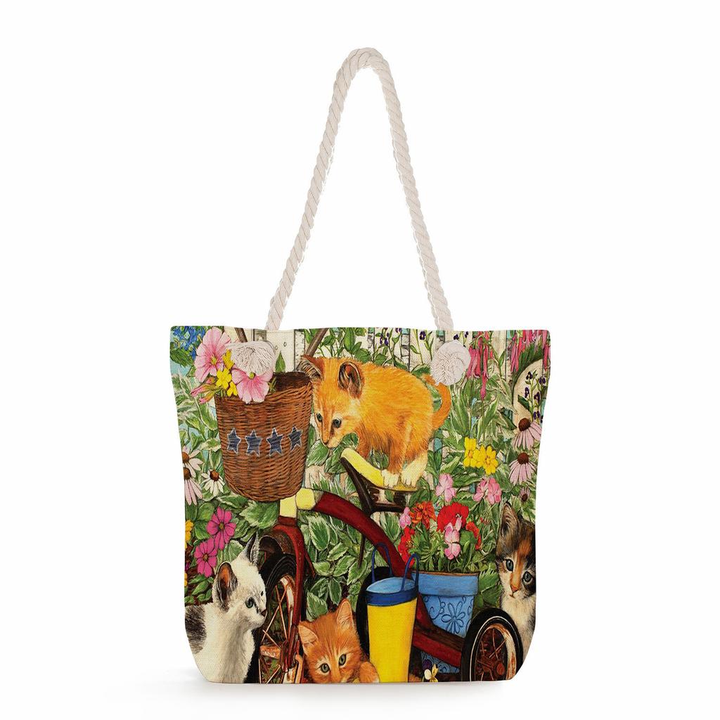 Cat print thick rope single-shoulder beach bag 7228
