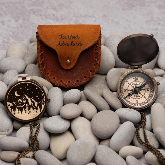 Brass Compass with Leather Case  Mountains  Roads  Pocket  for Men Genuine Leather Pouch Stamped with 'For Your ' Husband, Father  Son