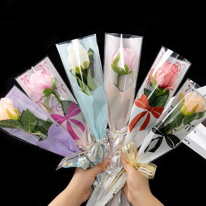 50Pcs Single Rose Bouquet Flower Wrapping Paper Transparent Cellophane Gift Packaging Bag Valentine'S Day Party Packing Bags