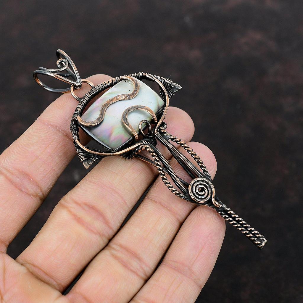 Perlmutt Anhänger Kupferdraht umwickelter Anhänger Handgefertigt Stilvoller Anhänger Edelstein Kupfer Schmuck Jubiläumsgeschenk Drahtumwickelter Schmuck