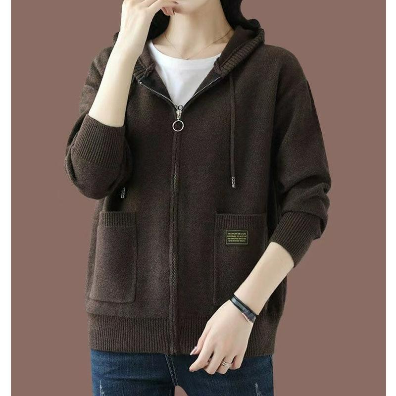 Spring and Autumn Hooded Sweater Tops Casual Fashion Outer Zipper Sweater Cardigan Jacket Women