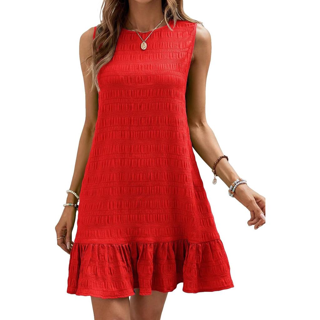 Pleated Fabric Dresses Women O Neck Pullover Sleeveless Splice Hem Dress Female Summer Comfortable Casual Commuter Gown