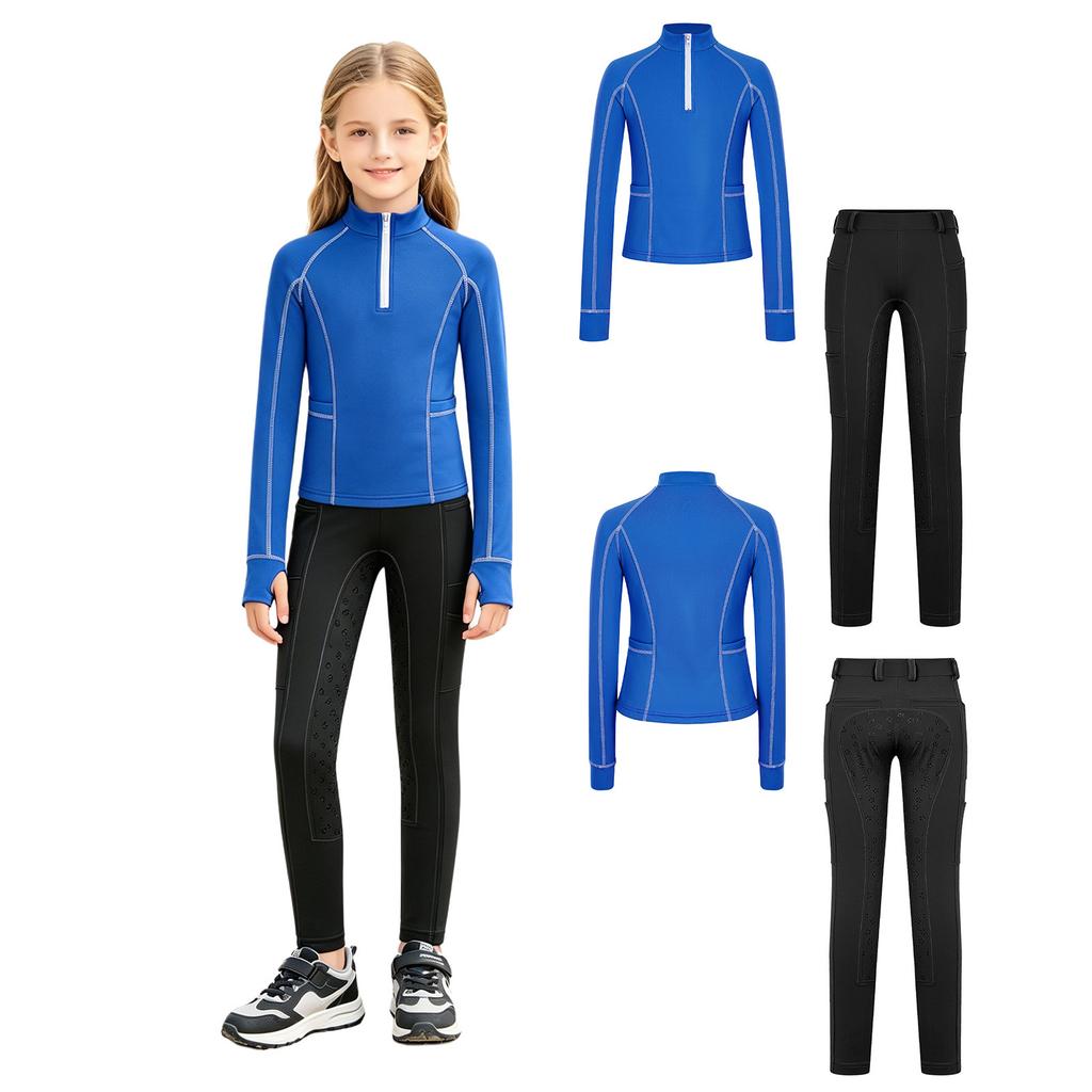 Tenue d'équitation pour filles Ensemble à col montant, manches longues avec trous pour les pouces, pull à fermeture éclair avec pantalon d'équitation à grip intégral antidérapant pour l'entraînement