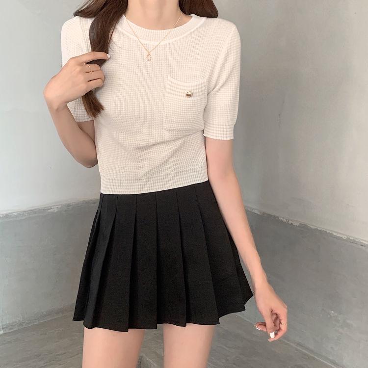 

Лето 2024 г. Корейский облегающий клетчатый свитер с круглым вырезом и короткими рукавами для женщин One Size [Suitable for 75-120 pounds] абрикосовый