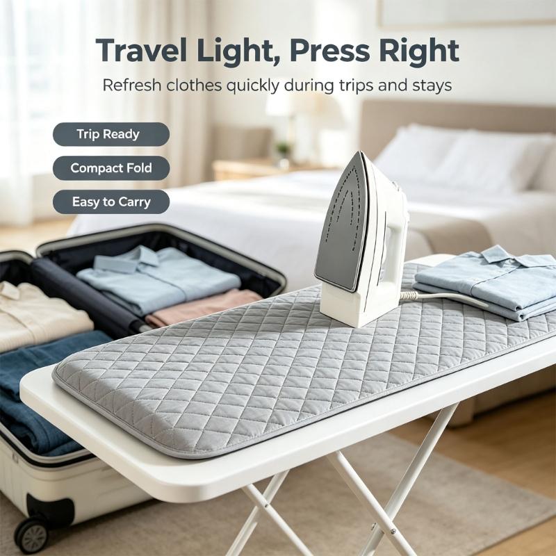 Either-Side Ironing Pad with Folding Design, Space-Saving Garment Care Work Area for Home, Office, Dorm, or Travel Use