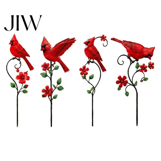 Outdoor Metal Yard Art Red Bird Garden Stake, Spring Accents Flower And Ornament for Patio Lawn Pathway Memorial Site Tribute Stakes