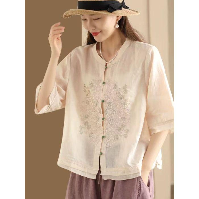 2025 Léto Dámská Literární Móda Ramie Výšivka Stojáček Blůza - Jednobarevná, Volný Střih, Pětirukávový Design