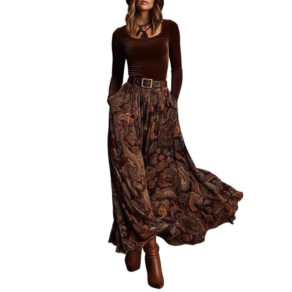 Women's Round Neck Long Sleeve Top & High,Waisted Maxi Skirt Set