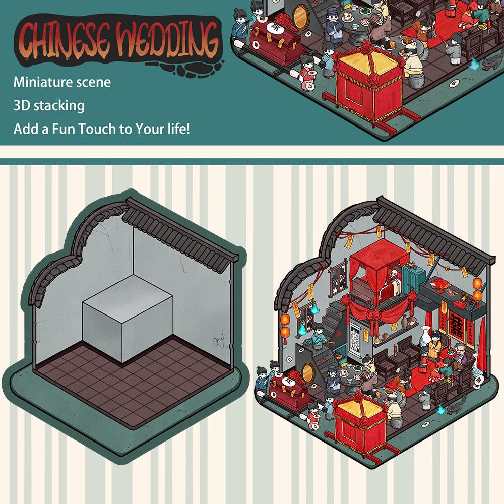 

3PCS Chinese Wedding Landscape Sticker Stacking Nostalgia Modern Harajuku Bedroom Wall Cabin Scene Paintings Cafe Stickers