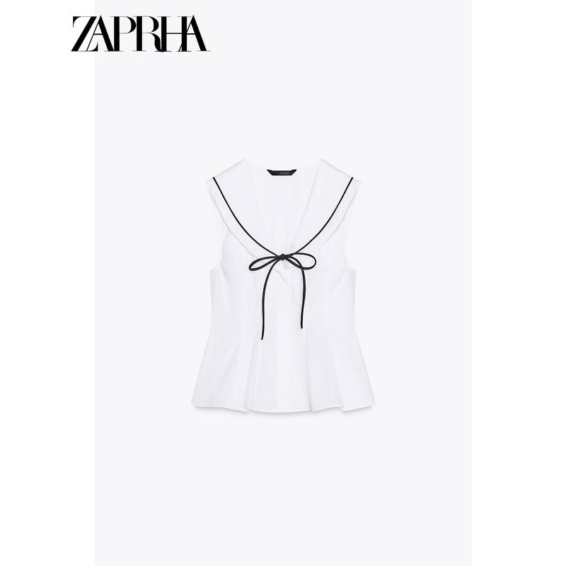 Zaprha Western Style Unique Stylish Bows Trim V Neck Sleeveless Poplin Tops Waist Slim Looking 3152006