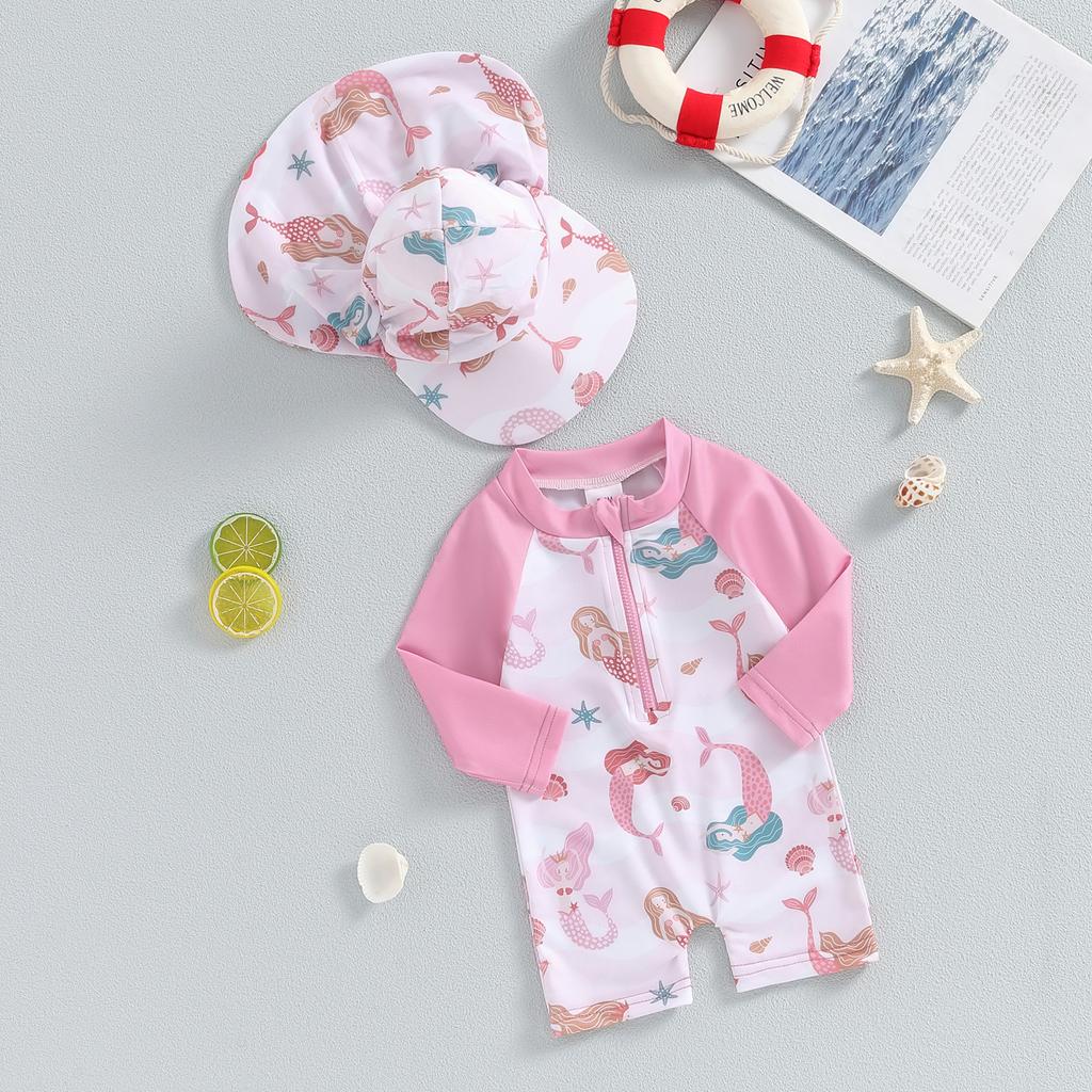 Badeanzug-Set für Baby-Mädchen, Muschel-Print, langärmliger Rashguard-Badeanzug, breite Krempe, Sonnenhut, Strandbekleidung für Kleinkinder
