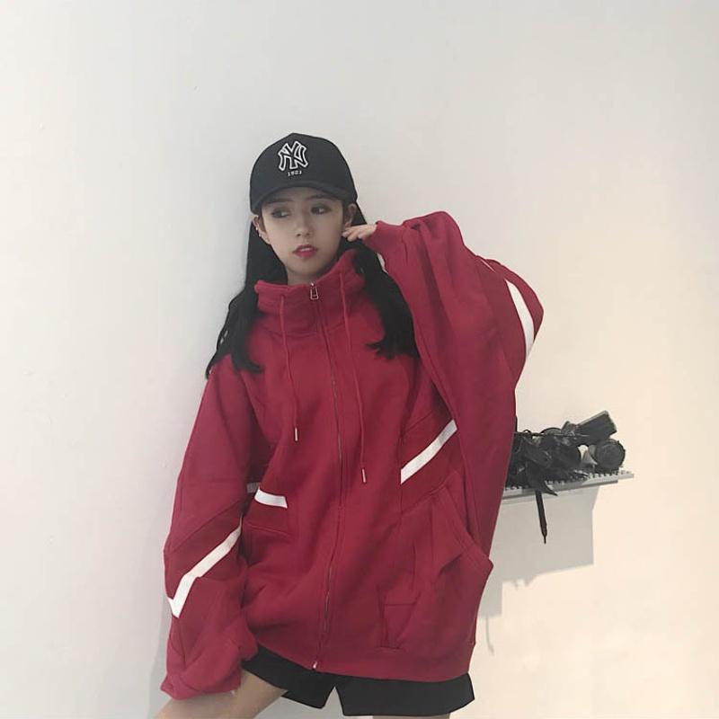 

Осень-зима Женская свободная флисовая толстовка на молнии с длинным рукавом «летучая мышь» и воротником-стойкой Куртка с капюшоном для девочек в стиле Харадзюку XXL красный