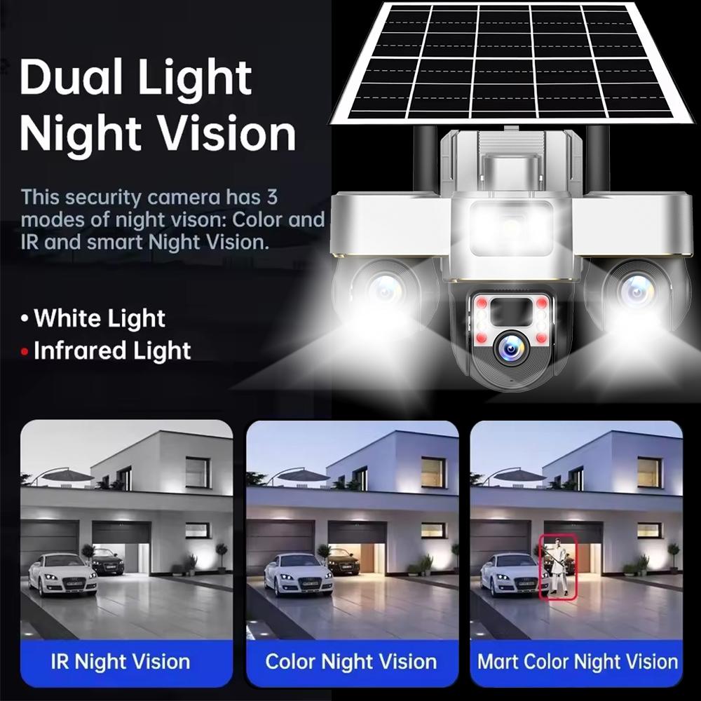 V380 PRO WiFi Solar Camera 3 PTZs Security Protection 15MP Home CCTV Cameras 3 Lens PIR Human Detection Outdoor Night Vision Surveillance
