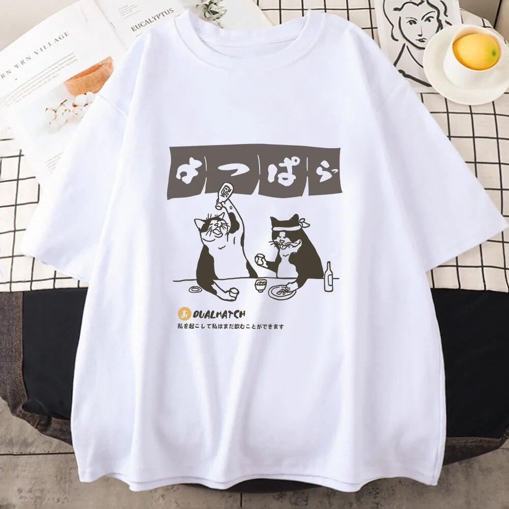 Women Tshirt Streetwear Japanese Harajuku Funny Drinking Cat T-Shirt 100% Cotton Summer Cartoon T Shirt Unisex Hip Hop Tops Tees Unisex T-shirt