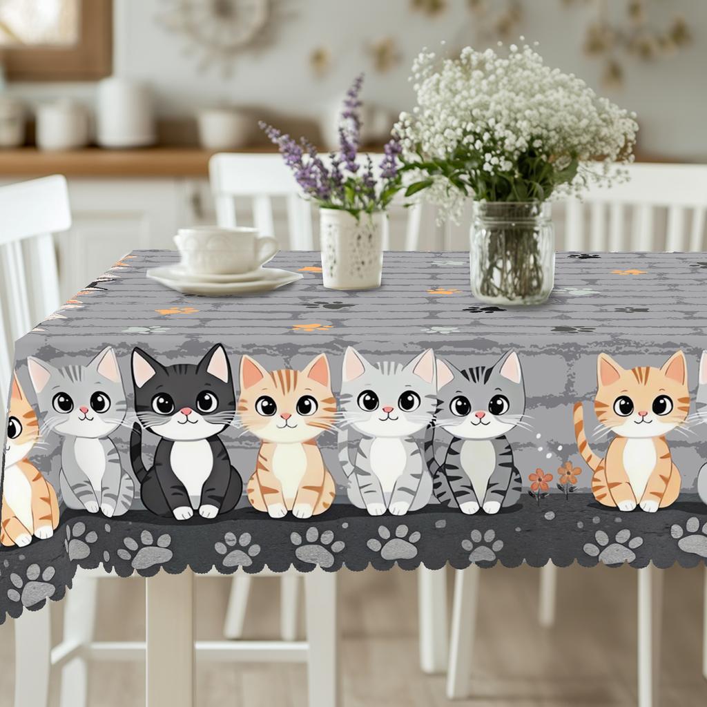1 Piece Of Gray Retro Cute Cat Print Rectangular Tablecloth, Spring Cat, Cat Paw, Stone Pattern Round Tablecloth, Party Decoration, Home Kitchen Table