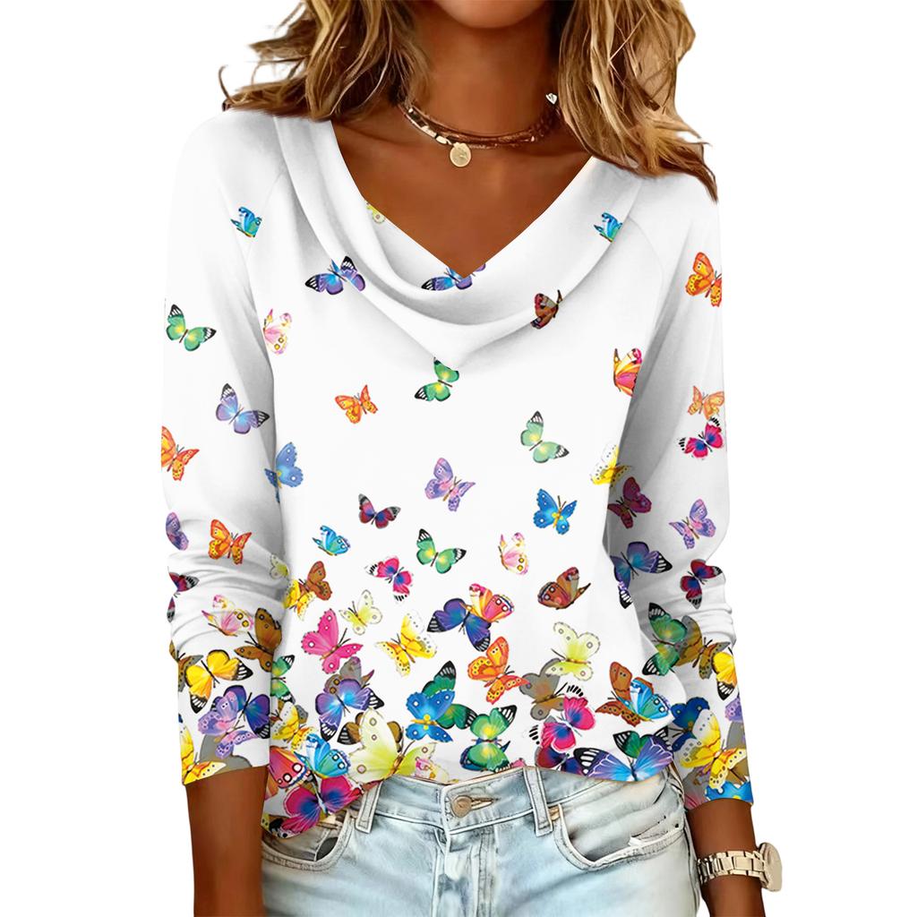 Ladies' Floral Printed Casual And Fashionable Long Sleeved Pullover Top