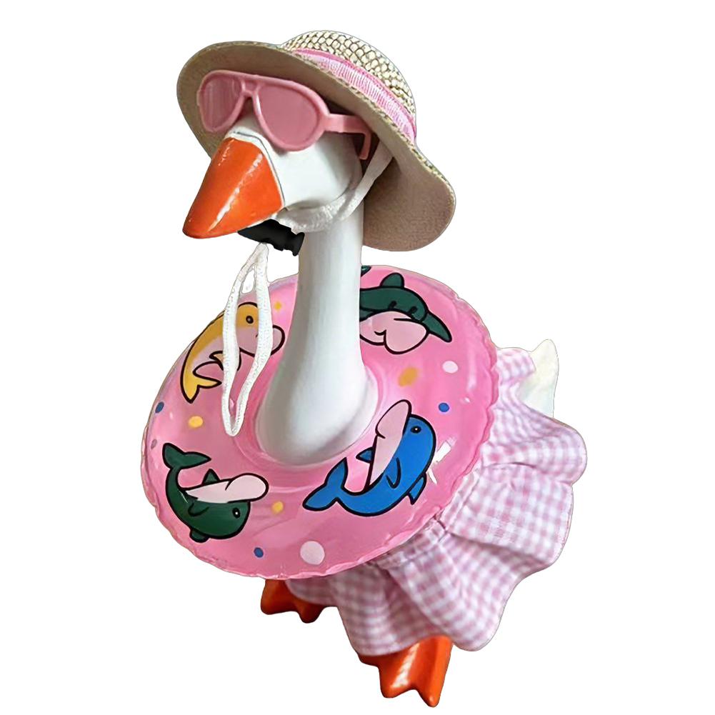 7 Inch Hawaiian Porch Goose Outfits with Straw Hat Sunglasses & Swim Ring Mini Desktop Goose Clothes Hawaiian Desk Goose Outfits