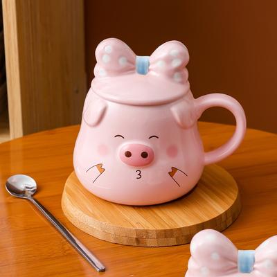 Kreative Keramiktasse Niedliches Schwein Rosa Mädchen Herz Cartoon Tasse mit Deckel Löffel Wasserbecher Frühstückstasse Kaffeetasse