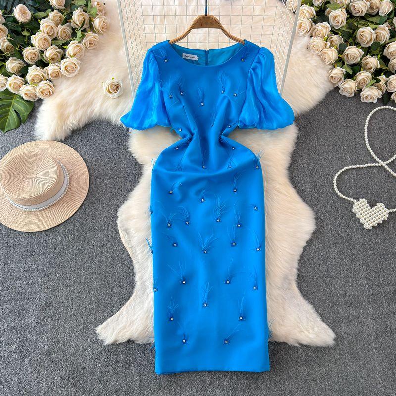 

Accessible Luxury Socialite round Neck Tassel Sheath Dress Dress Blue XL