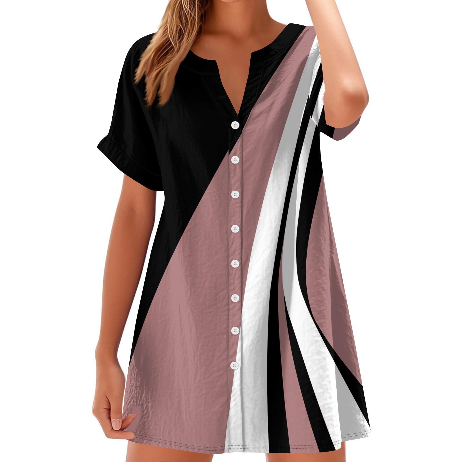 

Women s Fashion Casual V-neck Short Sleeve Button Retro Color Block Splicing Print Dress XL арбуз красный