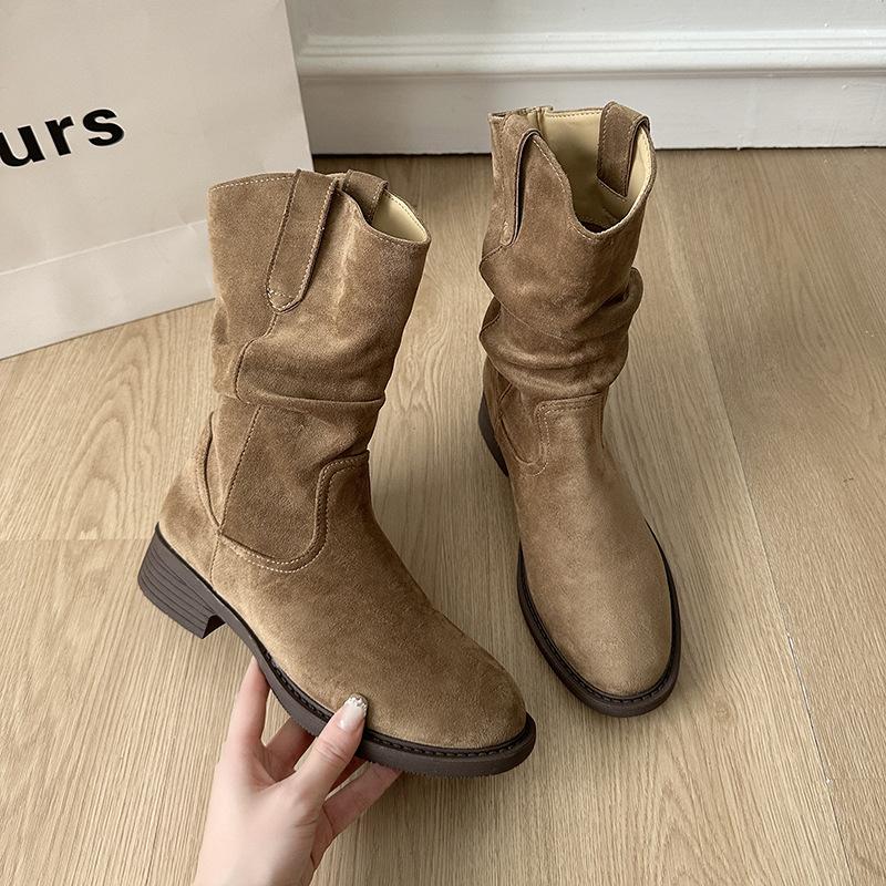 Pleated Stacking Boots 2025 New Summer Thick Heel V Mouth Thin Versatile Low Tube American Retro Western Cowboy Boots