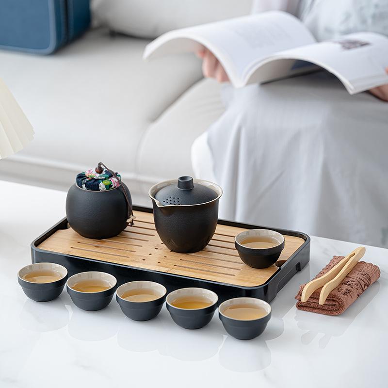 Black pottery retro Jiangshan travel tea set, a pot of six cups gift box, business souvenir, outdoor portable ceramics