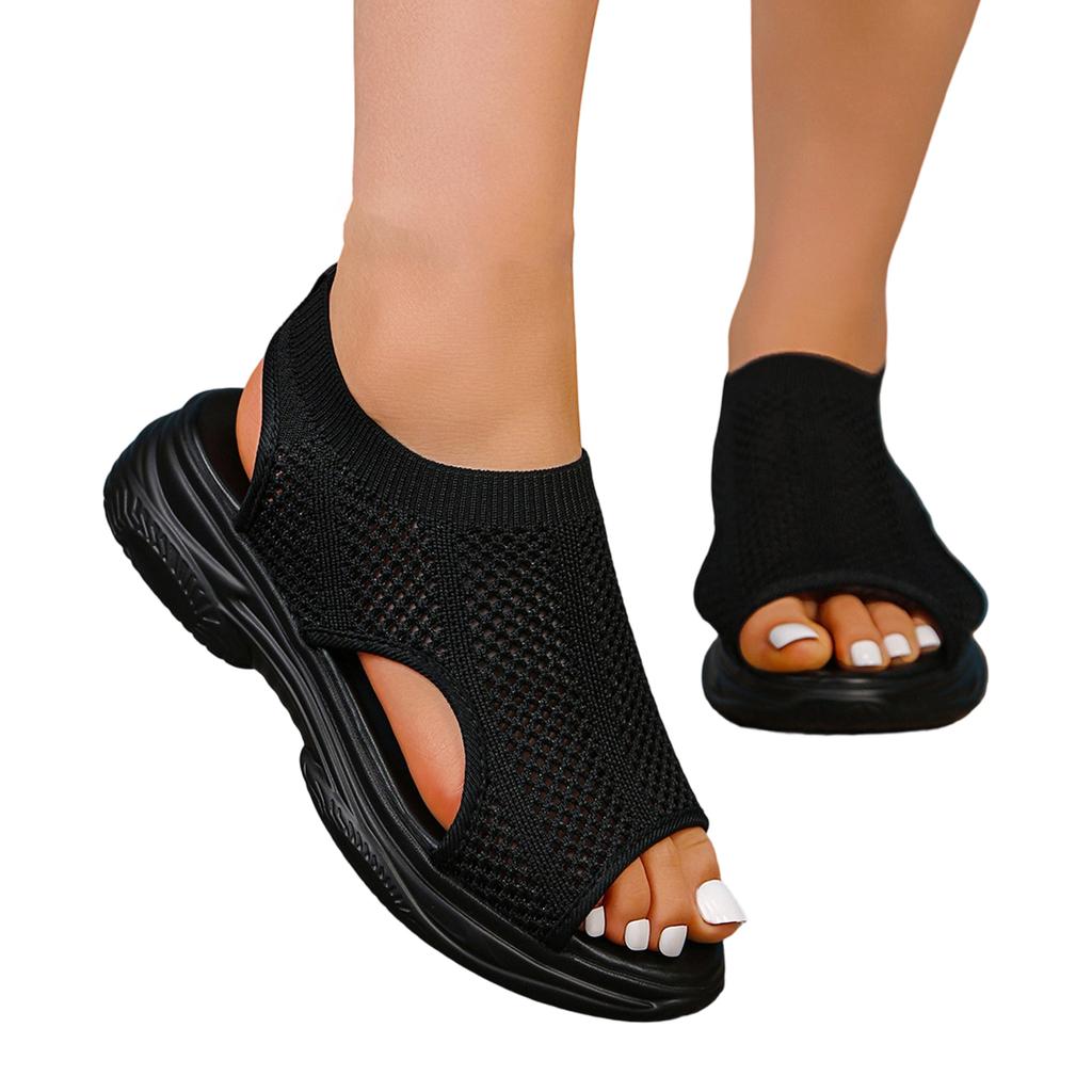 Leichte Damen-Sandalen mit offener Zehenpartie aus Strick-Netzstoff, atmungsaktive Slip-On-Schuhe für den Alltag mit gepolsterter Sohle und flexibler Laufsohle