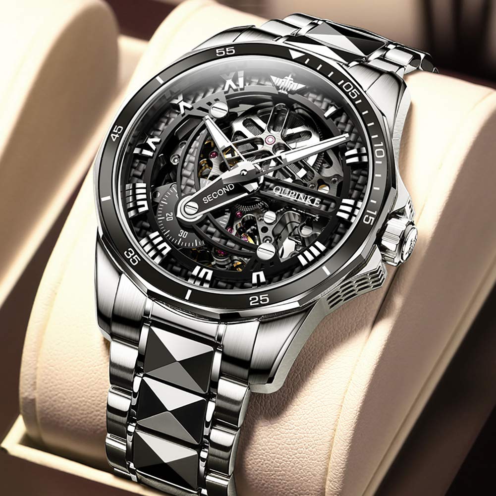 Armbanduhr, luxuriös, mechanisch, Skelett, Automatikuhr, stilvoll, 50 m wasserdicht, Saphirglas, Wolframband, leuchtende Uhr für Herren, Silber/Schwarz