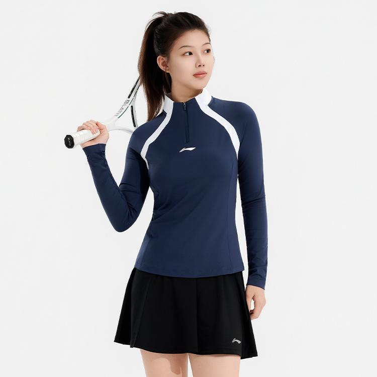 Li-Ning Tennis Series Color Block Fashionable Simple Half-Zip Long Sleeve T-Shirt Women Tops ATLV204-2
