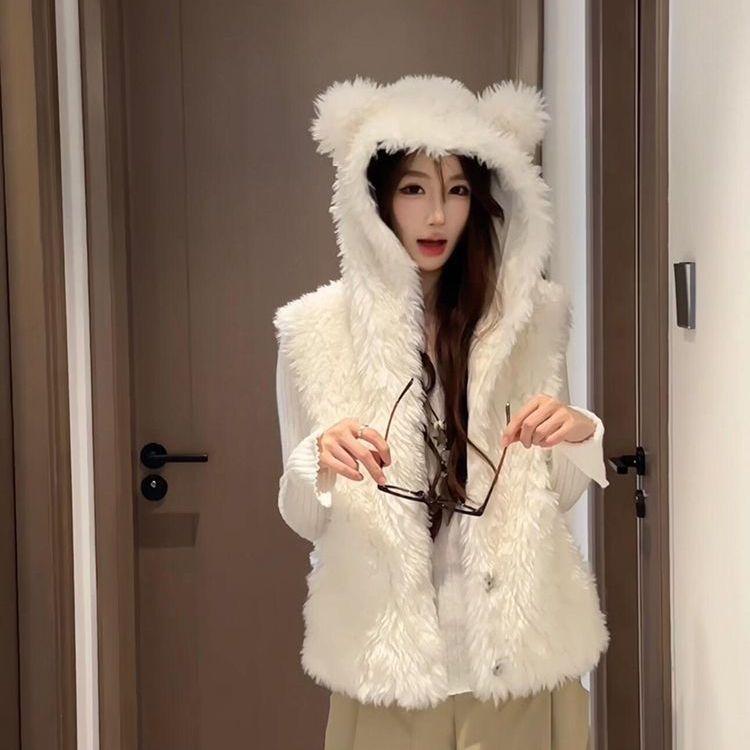 

Ladies Teddy Bear Hooded White Vest Sweet Beauty Style Lamb Wool Cute Vests Winter Versatile Fashionable Women s Coat L recommends 111-65kg