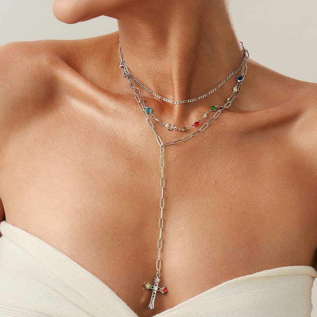European and American Sense Y-shaped Fringed Necklace Women, Creative Color Double-layer Cross Pendant Collarbone Chain Necklace