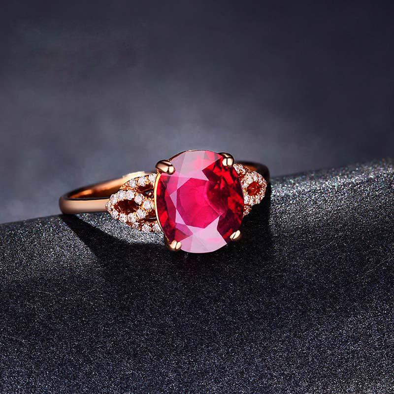 18K Rose Gold Plated Pigeon Blood Red Tourmaline Open Ring with Diamonds for Women