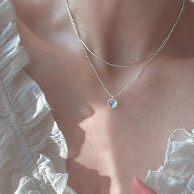 Double Love Heart-shaped Moonstone Pendant Necklace Women Gradient Gemstone Clavicle Chain Couple