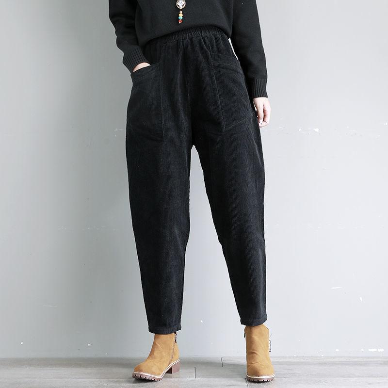 Přidejte Sametové Teplé Podzimní Zimní Literární Jednobarevné Manšestrové Kalhoty Harem s Vysokým Pasem Retro Dámské Ležérní Volné