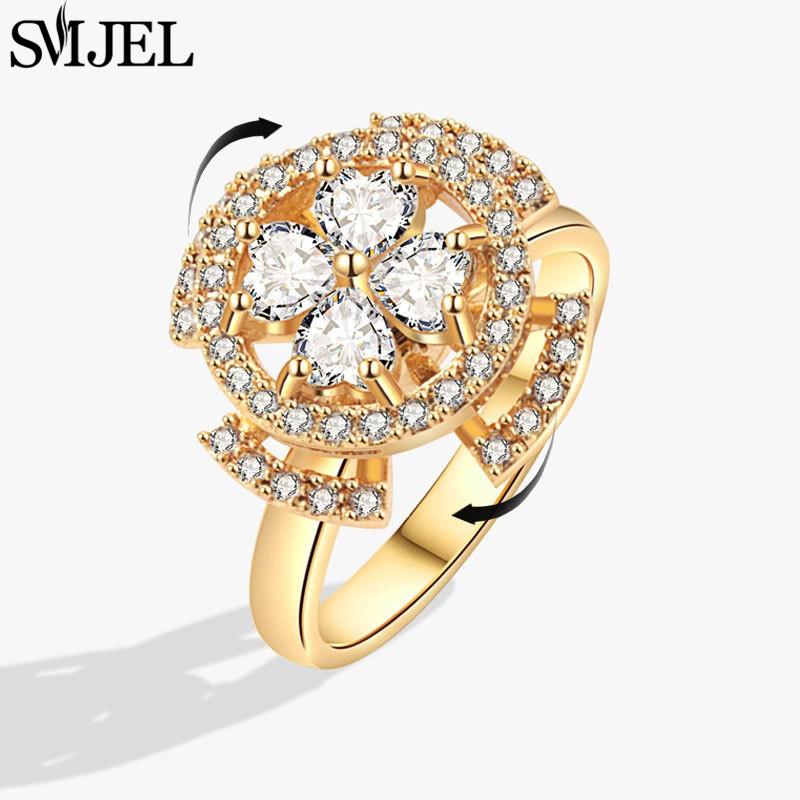 SMJEL Luxury Crystal Anxiety Relief Spinning Fidget Rings for Women Cute Sakura Daisy Rose Flower Rotating Ring Anti Stress Gift