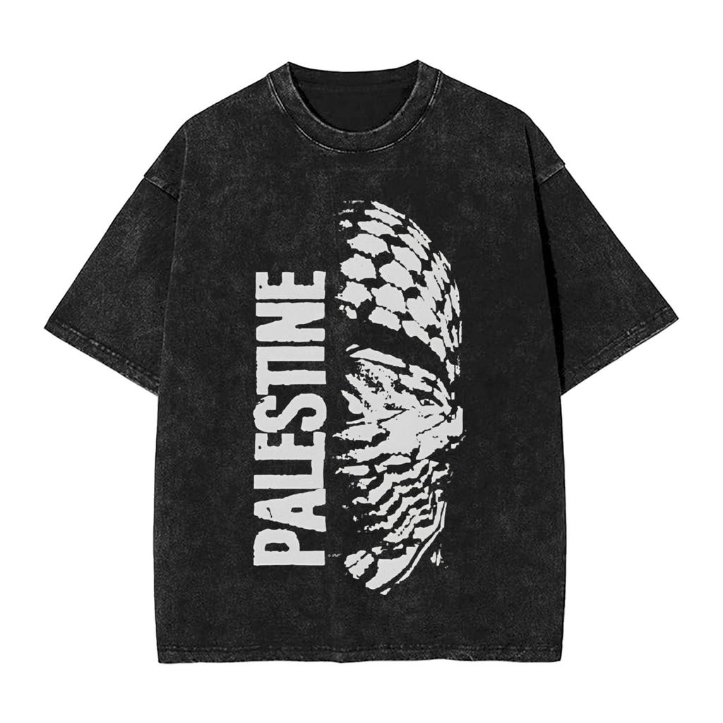 Oversized Washed T-Shirt Palestine Map  Cotton T Shirts  Novelty Tee Shirt for Men Summer Y2K Fun Print Clothing