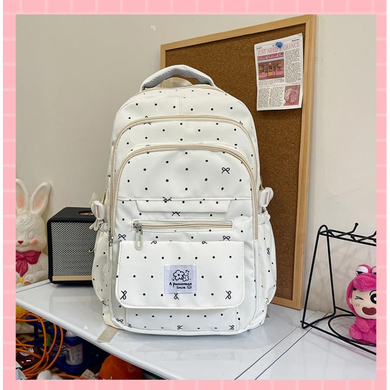 School Bag, Primary and Secondary School Students, Girls, Heart Polka Dots, Bows, All-match New High-value Backpack for Women