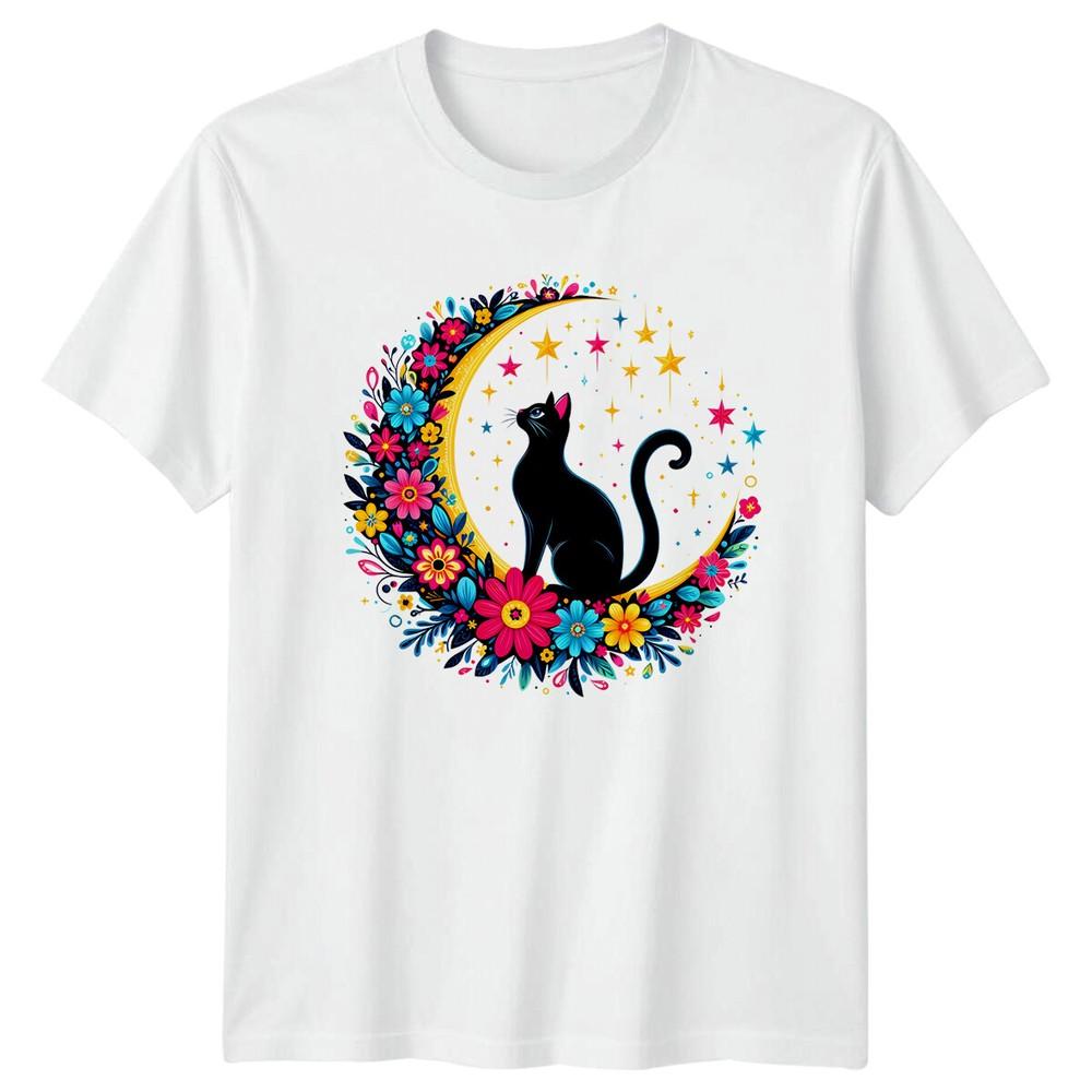 Cat On Moon TShirt Celestial Magic Floral Kitten Tee S