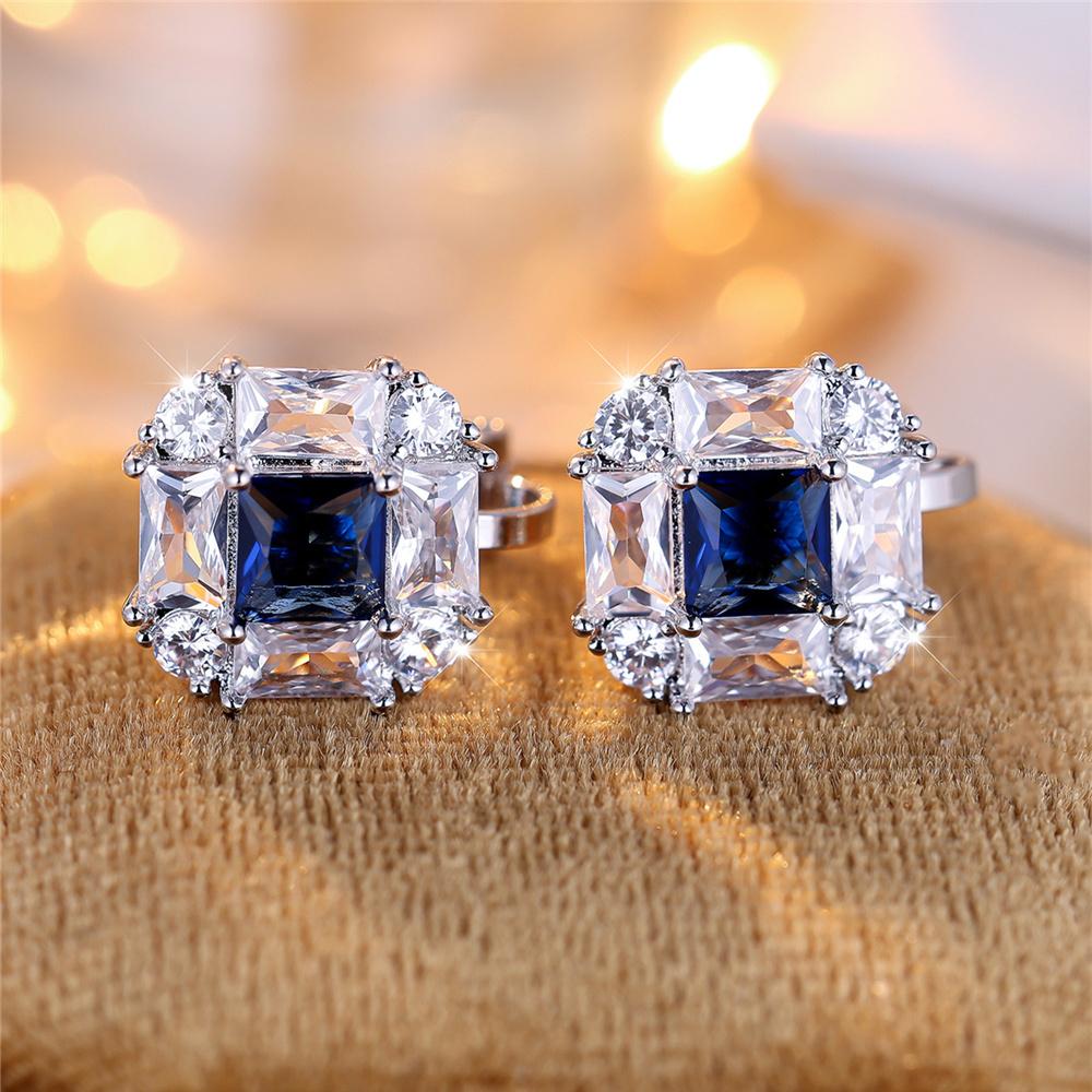 

Cute Female Blue White Stone Clip Earrings Charm Silver Color White Zircon Stone Wedding Jewelry For Women