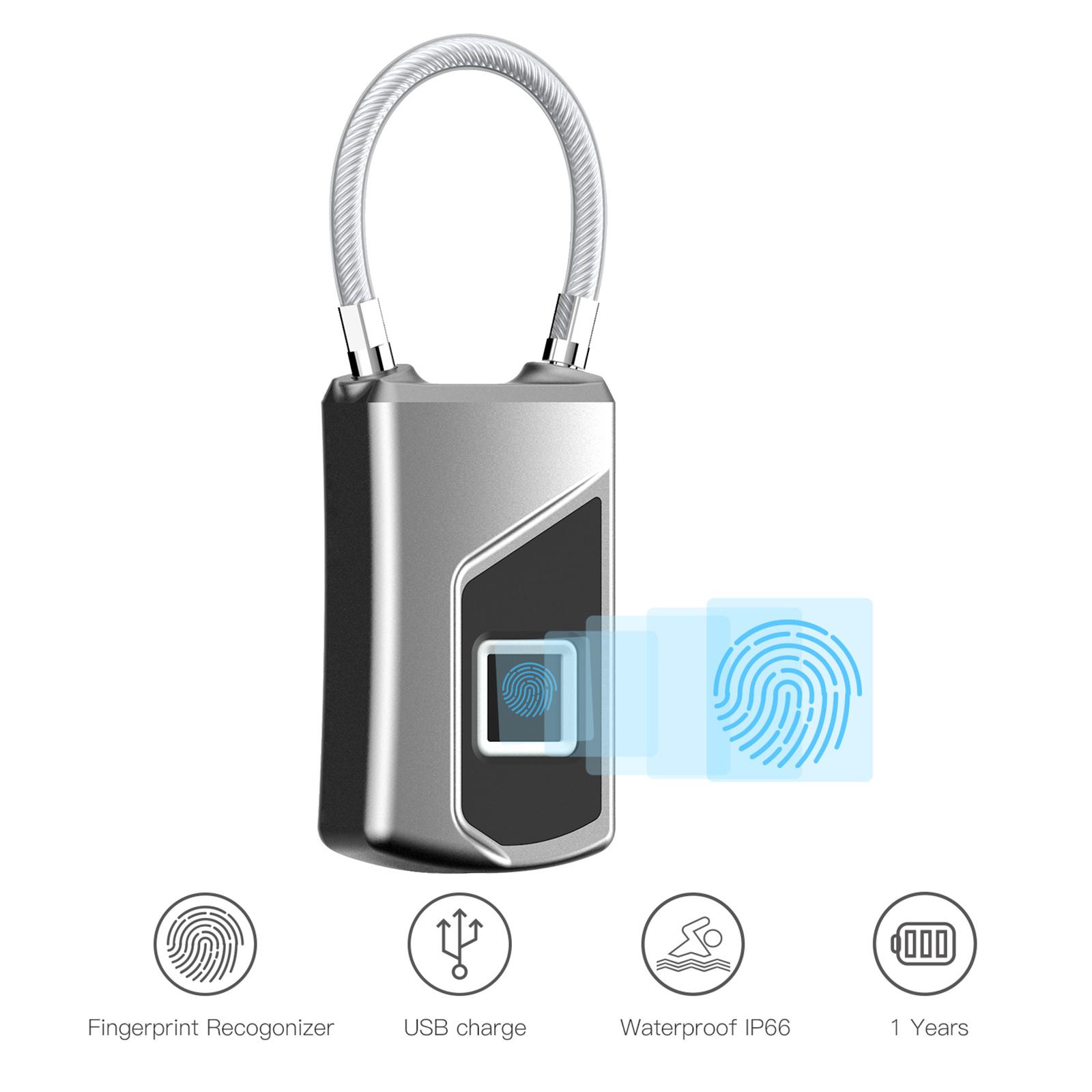 

L1 Fingerprint Lock Small Keyless Biometric Smart Padlock 10 Fingerprints Storage High-Security Cable Lock For Fridge Cabinet Pantry Travel silver black#0