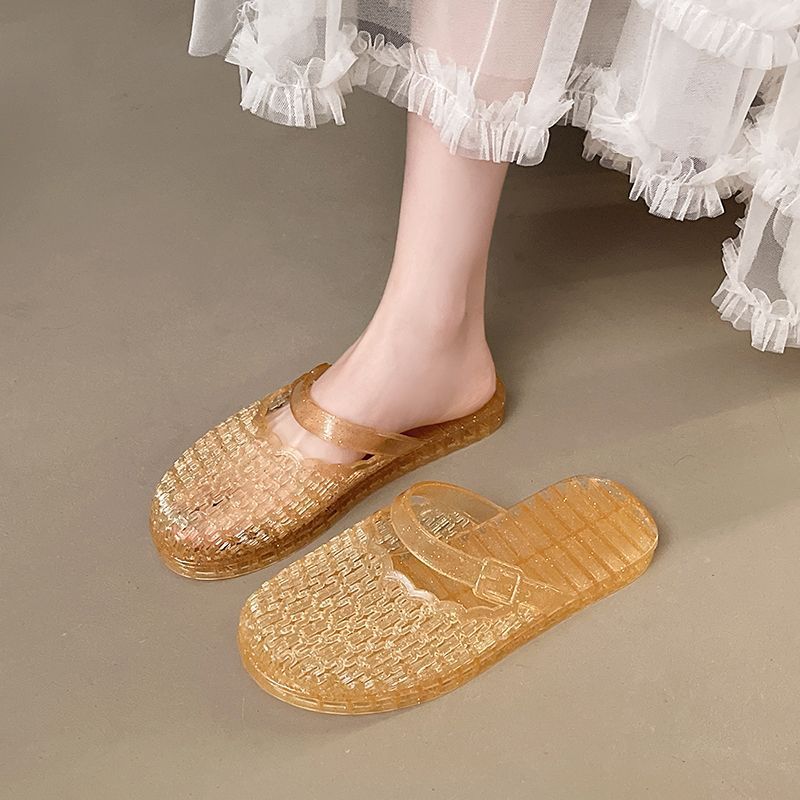 

Summer cool slippers women baotou sandals wear flat bottom indoor home non-slip beach 37 is 1 size smaller