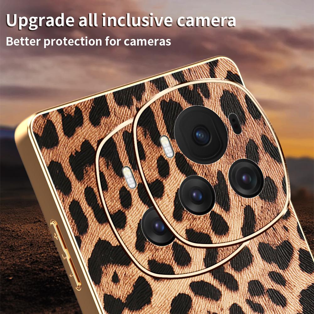 For Honor Magic6 5G Case Leopard Print PU Leather Coated PC+TPU Electroplating Phone Cover