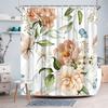 1Pc Peony And Green Leaves Pattern Shower Curtain, Machine Washable Polyester With Hooks, Suitable For Bathroom Decoration