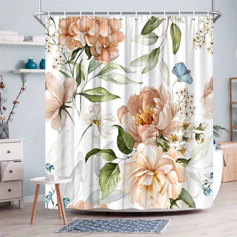 1Pc Peony And Green Leaves Pattern Shower Curtain, Machine Washable Polyester With Hooks, Suitable For Bathroom Decoration