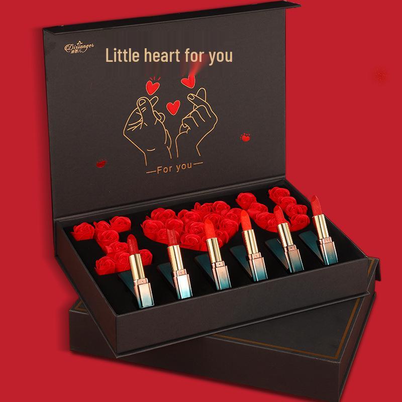 Qixi Valentine Gift Set: National Style Lipstick, Perfume, Rose Soap Flowers - Perfect for Her Birthday or Best Friend.