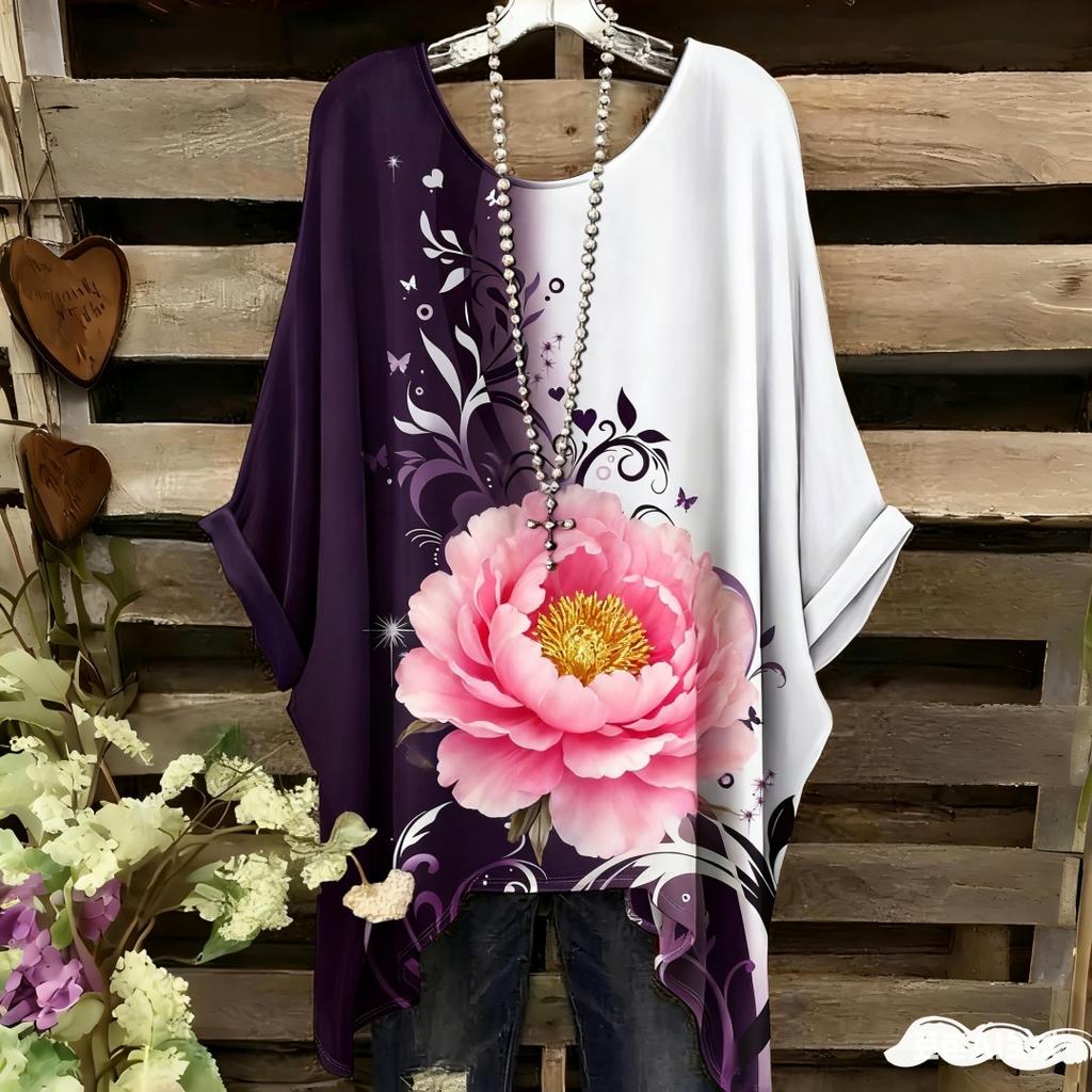 Damen Elegantes Bohemian Zweifarbiges T-Shirt - Herz & Blumendruck Mit Schmetterling Damenbekleidung Trend 2025 Grafik T-Shirts